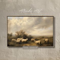 the sheep are standing in front of a painting