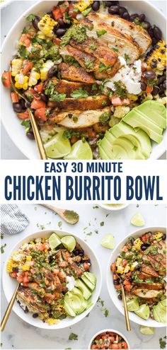 chicken burrito bowl with avocado, corn and salsa on the side in white bowls