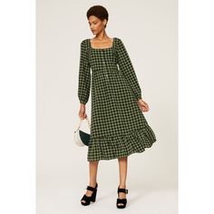 Green plaid crepe (97% Polyester, 3% Spandex). Hourglass. Square neck. Long sleeves. Back zipper closure. 49" from shoulder to hemline. Imported. Rent The Runway, Closet Designs, Green Midi Dress, Gingham Check, Green Plaid, Dress First, Black Print, Square Neck, Gingham