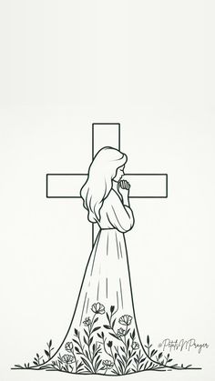 a black and white drawing of a woman kneeling in front of a cross with flowers