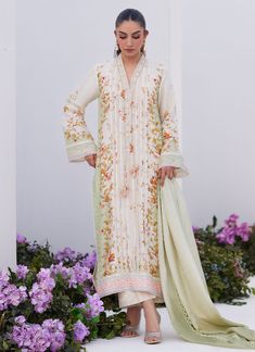 Farah Talib Aziz Sage Trellis Shirt and Dupatta Zara Prets 2024 Spring Off White Kurta With Printed Motifs, Off White Kurta With Printed Motifs For Spring, Spring Lawn Suit With Digital Print And Long Sleeves, Spring Lawn Suit With Digital Print, Long Sleeve, Multicolor Floral Embroidered Lawn Suit For Spring, Spring Multicolor Lawn Suit With Floral Embroidery, Off White Floral Print Sets For Spring, Spring Off White Sets With Resham Embroidery, Spring Off White Floral Print Sets