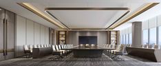 an empty conference room is shown with chairs and a large table in front of it