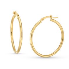 Perfect for every day wear, our Gold 2x30mm Tube Hoop Earrings are a classic staple ideal for every jewelry collection. Crafted with a hollow tube design, they are lightweight and easy to pair with any ensemble. Classic Round Hoop Earrings For Everyday, Tube Hoop Earrings, Diamonds Direct, Tube Design, Yellow Color, Jewelry Collection, Every Day, Hoop Earrings, Diamonds