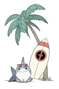 a drawing of a surfboard and a cat under a palm tree with sunglasses on