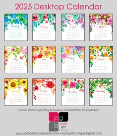 a desktop calendar with colorful flowers and the words desk calendar on each page, in different colors