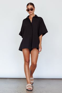 Daytona Beach Button-Up Romper Black by Selfie Leslie Shorts Romper Outfit, Shirt Romper, Weekend Coffee, Beach Rompers, Black Button Up Shirt, Coffee Dates, Romper Black, Romper Outfit, Straw Tote