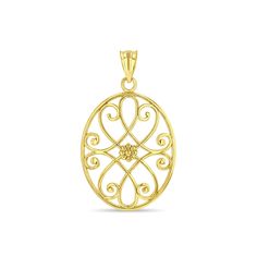 "14k yellow gold filigree oval pendant. measures approx 1 1/4\" by 3/4\". high polish finish." Gold Oval Filigree Necklaces, Ornate Oval Jewelry With Large Pendant, Gold Oval Filigree Necklace, Oval Gold Filigree Necklace, Gold Oval Jewelry With Intricate Design, Ornate 14k Gold Oval Necklace, Oval Yellow Gold Filigree Jewelry, Gold Filigree Oval Link Jewelry, Ornate Oval Filigree Jewelry