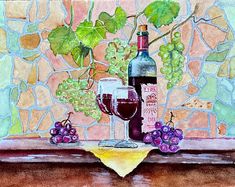 a painting of wine and grapes on a window sill