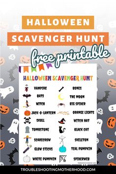 Text: Halloween scavenger hunt free printable. Image: Hunt printable.