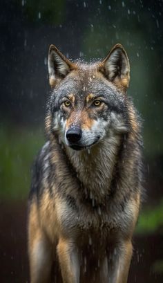 a wolf standing in the rain with it's eyes open