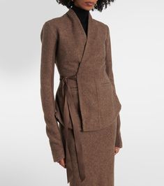 Find RICK OWENS Hollywood Wool Wrap Jacket on Editorialist. Material: 100% wool. Care instructions: dry clean. Made in Italy. Designer color name: Fawn. Closure: button fastening, self-ties. Pockets: welt pockets. Luxury Brown Structured Outerwear, Brown Wool Outerwear With Button Closure, Luxury Brown Wool Outerwear, Luxury Single-breasted Wool Outerwear, Luxury Wool Single-breasted Outerwear, Rick Owens Jacket, Wrap Jacket, 30s Fashion, Wool Wrap