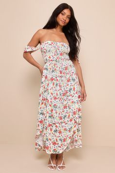 Easy on the Eyes Cream Floral Print Off-the-Shoulder Maxi Dress Off-shoulder Floral Print Sundress, Floral Print Off-shoulder Sundress, Off-shoulder Sundress For Garden Party, Off-shoulder Floral Print Midi Dress For Beach, White Strapless Maxi Dress With Floral Print, Summer Off-shoulder Midi Dress For Garden Party, Off-shoulder Floral Print Maxi Sundress, White Off-shoulder Sundress Maxi Dress, Flowy Strapless Floral Print Midi Dress