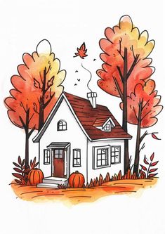 a drawing of a house with trees and pumpkins