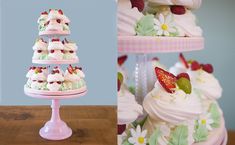 three tiered cakes with strawberries and flowers on them, one is decorated in white icing