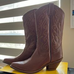 These Boots Are Brand New/ Never Used. They Have An Embroidery Design ; Are Brown Color And Size 9.5 Ee. Casual Snip Toe Boots For Western-themed Events, Casual Ranch Boots With Closed Toe, Casual Closed Toe Boots For Western-themed Events, Casual Closed Toe Boots For Ranch, Casual Leather Boots For Western-themed Events, Casual Snip Toe Ranch Boots, Casual Ranch Snip Toe Boots, Mens Cowboy, Mens Cowboy Boots