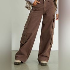 Never Worn, Low Rise, Cargo Pants. Casual Brown Wide Leg Pants With Pockets, Brown Cargo Style Wide-leg Pants, Brown Wide-leg Cargo Pants With Pockets, Trendy Brown Wide Leg Pants With Pockets, Brown Wide-leg Pants With Pockets, Trendy Full-length Brown Cargo Pants, Trendy Brown Full-length Cargo Pants, Trendy Brown Full Length Cargo Pants, Brown High-waisted Bottoms With Multiple Pockets