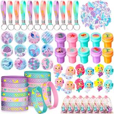 various toys and accessories are displayed on a white background, including toothbrushes, hair clips, bracelets