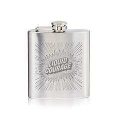 a stainless steel flask with the words liquid courage on it and an explosion pattern