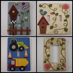 four different pictures of wooden frames with flowers and animals on them, one has a birdhouse, the other is a tractor