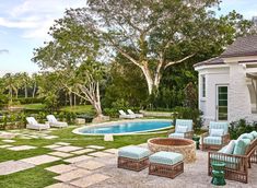 an outdoor patio with chairs, tables and a swimming pool in the back yard area