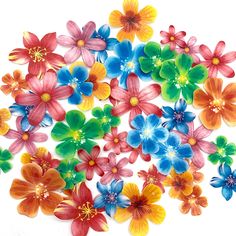 multicolored plastic flowers on white background