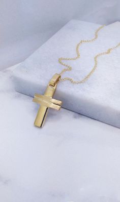 Solid Orthodox gold cross 18k ideal as men's cross Necklace by GiorgosJewelry. A modern Greece Baptism Cross in 18k or 14k Solid Gold.    A cross with two techniques. Shine and mat techiques give us this amazing result. A heavy gold cross pendant for a life time.  A symbol of protection and love.  All our crosses are handmade in Greece  and made in our workshop in Sparta  Details: Height33 mm Width:18 mm Weight:Approximately 7.3gr 14k - 8.0gr 18k  Metal:Yellow Gold - White Gold -  Style:      Ba Gold Crucifix Necklace With Polished Finish, Gold Crucifix Cross Necklace With Polished Finish, Gold Crucifix Cross Necklace For Formal Occasions, Yellow Gold Cross Necklace For Baptism, Gold Crucifix Cross Necklace For Baptism, Mens Cross Necklace, Mens Crosses, Gold Cross Pendant, Cross Jewelry