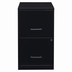 a black filing cabinet with two drawers on the bottom and one drawer open, against a white background