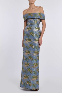 Clover Blue Metallic Brocade Off-The-Shoulder Column Gown Black Tie Wedding Attire, Formal Wedding Attire, Carolina Herrera Dresses, Green Evening Dress, Floral Dress Formal, Mother Of Groom Dresses, Brocade Dresses, Mob Dresses, Floral Gown