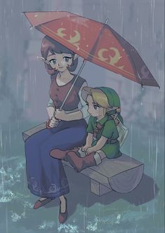 a woman sitting on top of a bench under an umbrella next to a little boy