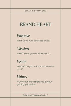 a business card with the words, brand heart purpose mission vision which do you want your business to be?