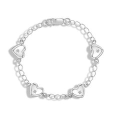 This silver charm bracelet has four hearts with star embellishments, making them more fashionable and cute for your little girl. It makes a great birthday or holiday gift for infants and young girls. Share this high-quality sterling silver heart bracelet with your daughter, granddaughter, niece or special young girl in your life. She will always treasure this adorable & unique design. These five-inch little girls' sterling silver bracelet is made from 925 sterling silver which is suitable for gi Cute Silver Bracelets With Heart Charm, Cute Silver Bracelets With Heart Beads, Sterling Silver Heart Bracelet For Birthday, Cute Adjustable Silver Heart Bracelet, Silver Heart Bracelets For Birthday, Cute Silver Jewelry With Star Charm, Valentine's Day Silver Jewelry With Star Charm, Silver Heart Charm Bracelet For Birthday, Heart-shaped Sterling Silver Bracelet For Birthday