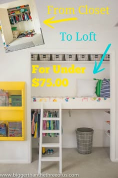 there is a loft bed with a ladder to the bottom and a storage area below