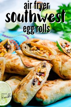 air fryer southwest egg rolls on a blue plate