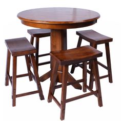 a wooden table with four stools around it