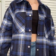 Dark Blue Plaid Shacket Jacket Shirt Super Soft And Kinda Warm And Decently Thick New With Tags H&M Oversized Fit, Long And Covers Butt (So Even Tho It’s A Size Small And It Can Fit Small-Large) Snap Buttons H&m Long Sleeve Outerwear With Buttons, H&m Button-up Tops For Fall, H&m Tops With Pockets For Fall, Casual H&m Tops With Pockets, H&m Fall Outerwear With Pockets, H&m Long Sleeve Tops With Pockets, H&m Button-up Tops With Pockets, H&m Workwear Tops With Pockets, H&m Tops With Pockets For Work