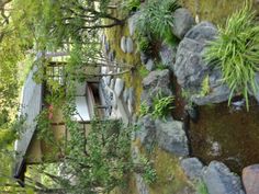 a small japanese garden with rocks and plants in the foreground, water running through it