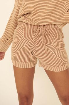 Feeling Right Two-Tone Rib-Knit Sweater Shorts - ShopPromesa Beige Elastic Waistband Shorts For Loungewear, Casual Knit Bottoms With Pockets, Casual Brown Shorts For Loungewear, Brown Knit Bottoms For Loungewear, Brown Knit Loungewear Bottoms, Cozy Shorts With Pockets, Cozy Short Bottoms For Fall, Fall High-waisted Beige Shorts, Brown Shorts For Loungewear