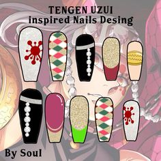 Tengen Uzui Nails, Tengen Nails, Red Christmas Nails, Kawaii Nails, Nails Desing