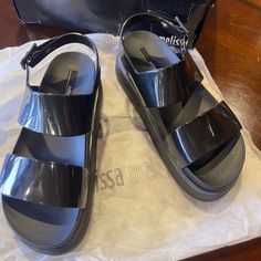 Never Worn Chic Black Sandals With Translucent Outsole, Melissa Sandals, Melissa Shoes, Box Color, Women's Shoes Sandals, Shoes Sandals, Dust Bag, Size 6, Sandals