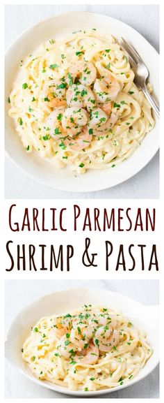 garlic parmesan shrimp and pasta in a white bowl