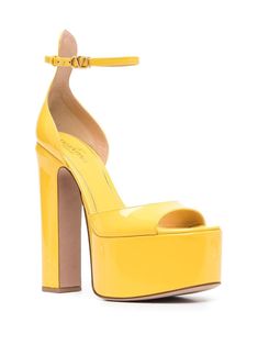 Find VALENTINO Tan-go 155mm Patent-leather Sandals on Editorialist. yellow calf leather patent finish buckle-fastening ankle strap VLogo Signature open toe platform sole high block heel Valentino Heels, Yellow Accessories, Yellow Clothes, Heart Shoes, Shades Of Yellow, Platform Shoes, Valentino Garavani, Patent Leather, Leather Sandals