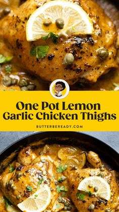 one pot lemon garlic chicken thighs in a skillet