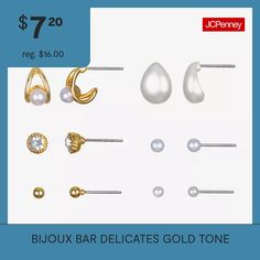 Pearl Type: Simulated Pearls# Pieces In Set: 6 PairIncluded: 6 Pair of EarringsEarring Back: PostShape: RoundMetal Color: Gold ToneEarring Length: 8.8mmEarring Width: 11.9mmCare: Wipe CleanStone Type: 2 GlassEarrings Type: Post EarringsEarrings Style: Stud EarringsMetal: ZincOwned & Founded: Women Owned/FoundedCountry of Origin: Imported Round Earring, Earring Sets, Pearl Types, Round Earrings, Earring Set, Gold Tones, Bar, Glass, Gold