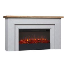 an electric fireplace with red flames on the side