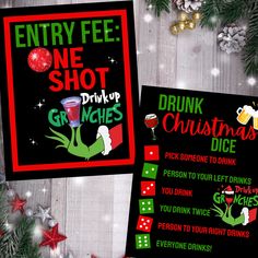 two christmas party signs with drinks on them