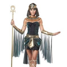 Brand New In Original Packaging Eye Candy Egyptian Goddess Deluxe Costume Size Medium (8-10) Sexy, Sensual, And Seductive, This Egyptian Goddess Radiates With Beauty. Our Egyptian Goddess Outfits Comes With A Beautifully Detailed Dress, Belt, Gem Beaded Collar, Headpiece, And Glovelettes With Sheer Drapes That Run Down The Arm. !!!!!!!!!!Egyptian Staff Sold Separately. Sandal Heels And Wig Not Included!!!!!!!!!!! 100% Polyester Interlock Knit, Knit Mesh, Faux Leather & Metallic Knit Bustier Dres Egyptian Wigs, Egyptian Goddess Costume, Cleopatra Halloween Costume, Cleopatra Halloween, Egyptian Dress, Goddess Outfit, California Costumes, Candy Dress, Goddess Costume