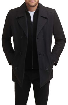 Add this classic wool peacoat to your wardrobe for an elevated style. Notched collar Long sleeves Button front Dual pockets 58% wool, 35% polyester, 4% acrylic, 3% other fibers Dry clean Imported Model stats: 6'1" height, 32" waist. Model is wearing size M. Elevated Style, Wool Peacoat, Parka Coat, Notched Collar, Top Coat, Kenneth Cole, Stand Collar, Mens Coats, Double Breasted