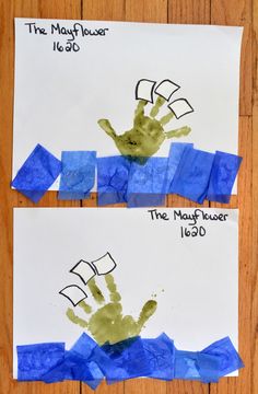 two handprints on paper with the words the muff house written in green and blue