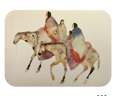 two people riding on the back of horses painted in red, white and blue colors