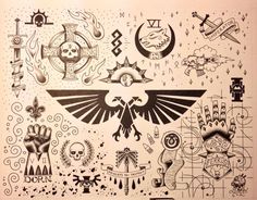 an old school tattoo design is shown in black and white, with lots of symbols